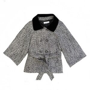 Tahari Women's Tweed Jacket Size 14 Belted Coat Velvet Collar Wide Sleeve Blazer